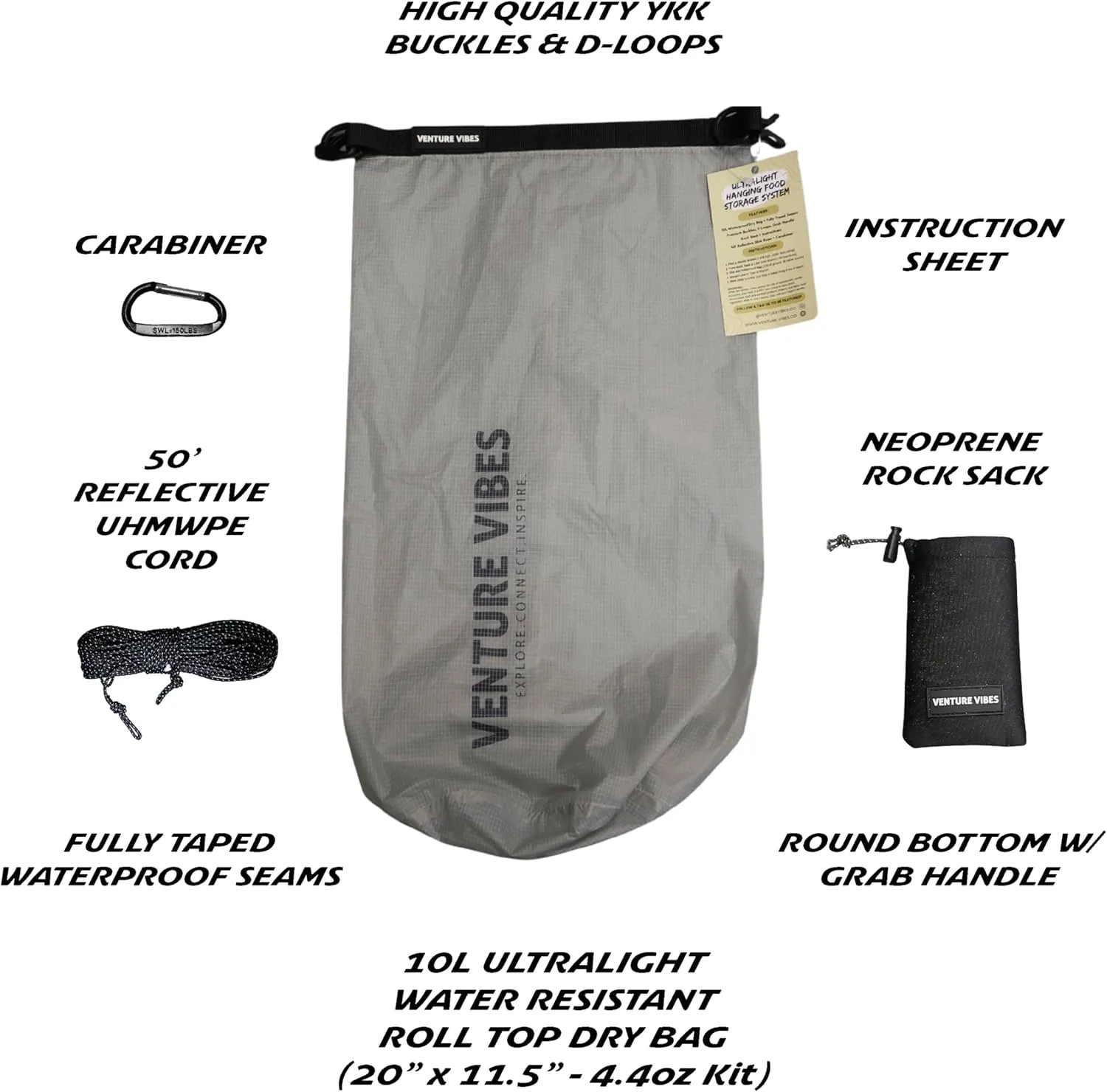 | Premium Ultralight Bear Bag Kit for Backpacking | 10L Dry Bag - Neoprene Rock Sack - Reflective Slick Rope - Hanging Food Storage for Camping, Hiking, Backpacking, Thru Hiking (Grey)