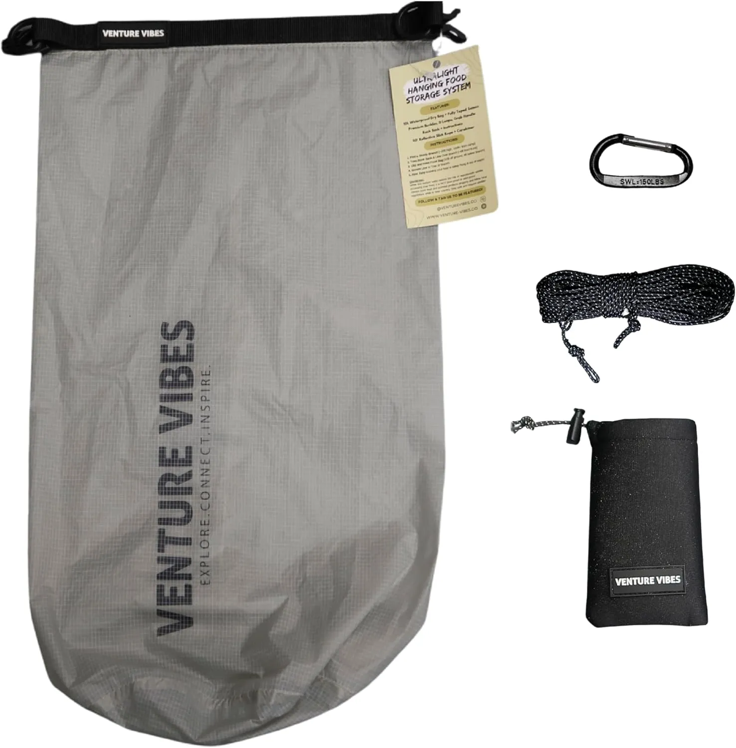 | Premium Ultralight Bear Bag Kit for Backpacking | 10L Dry Bag - Neoprene Rock Sack - Reflective Slick Rope - Hanging Food Storage for Camping, Hiking, Backpacking, Thru Hiking (Grey)
