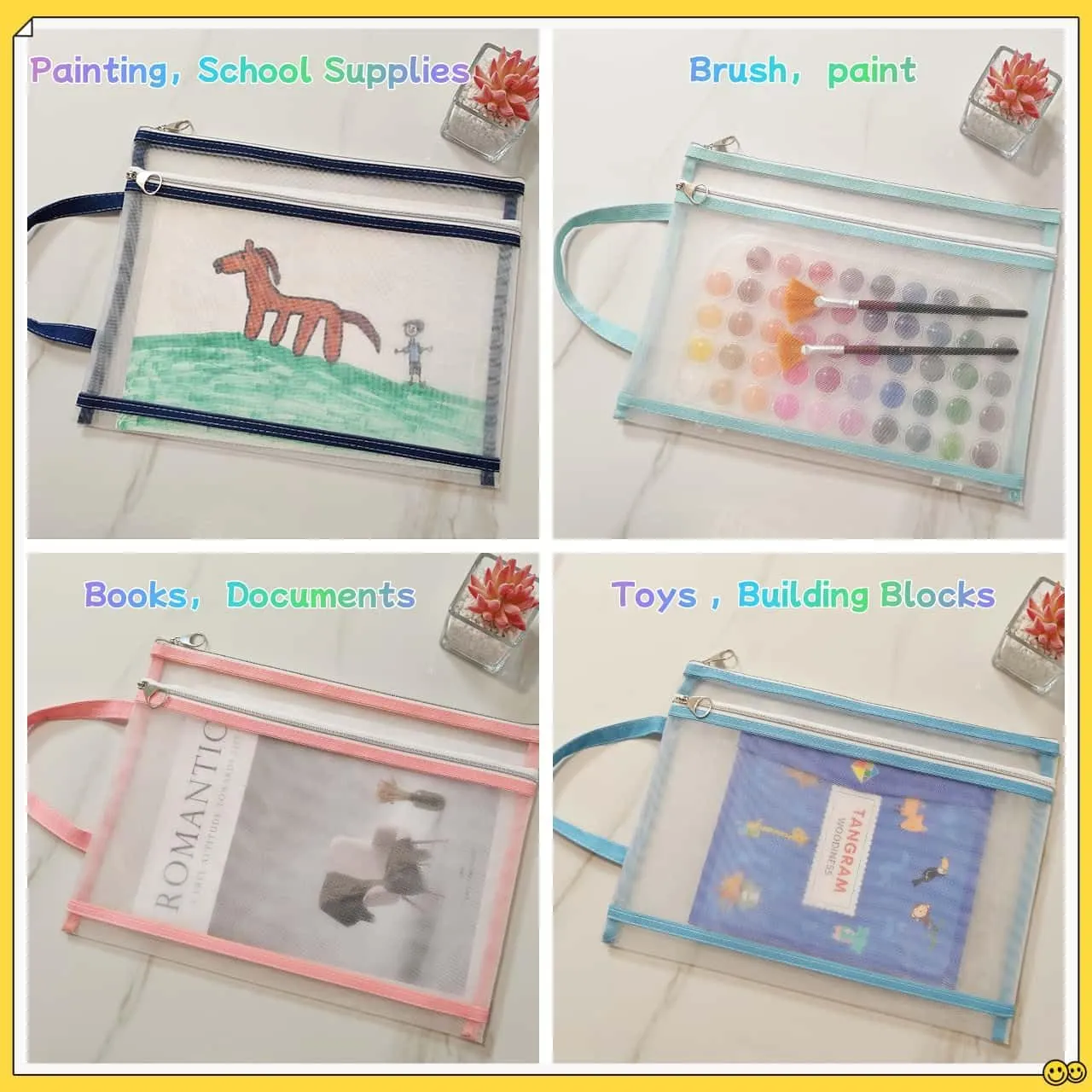 10 Pack A4 Double-Layer Mesh Zipper Pouch Bags & 2 Pack B6 Storage Pencil Pouches Board Game Storage Puzzle Organizers (10-Colors)