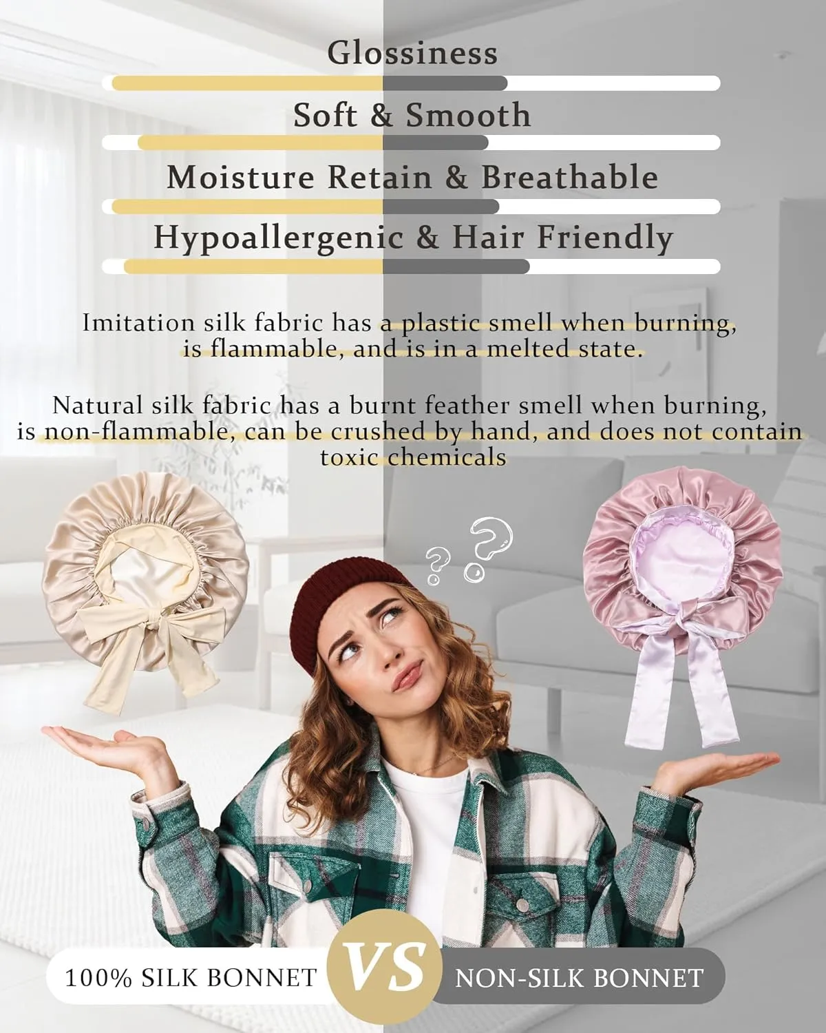 100% Mulberry Silk Bonnet for Sleeping Women Double Layer Silk Hair Bonnet Natural Silk Sleep Cap with Elastic Reversible Hair Wrap (Champagne Beige)