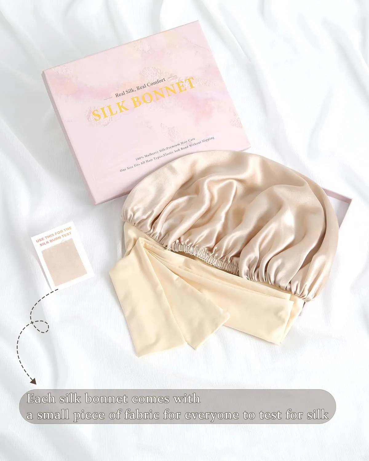100% Mulberry Silk Bonnet for Sleeping Women Double Layer Silk Hair Bonnet Natural Silk Sleep Cap with Elastic Reversible Hair Wrap (Champagne Beige)