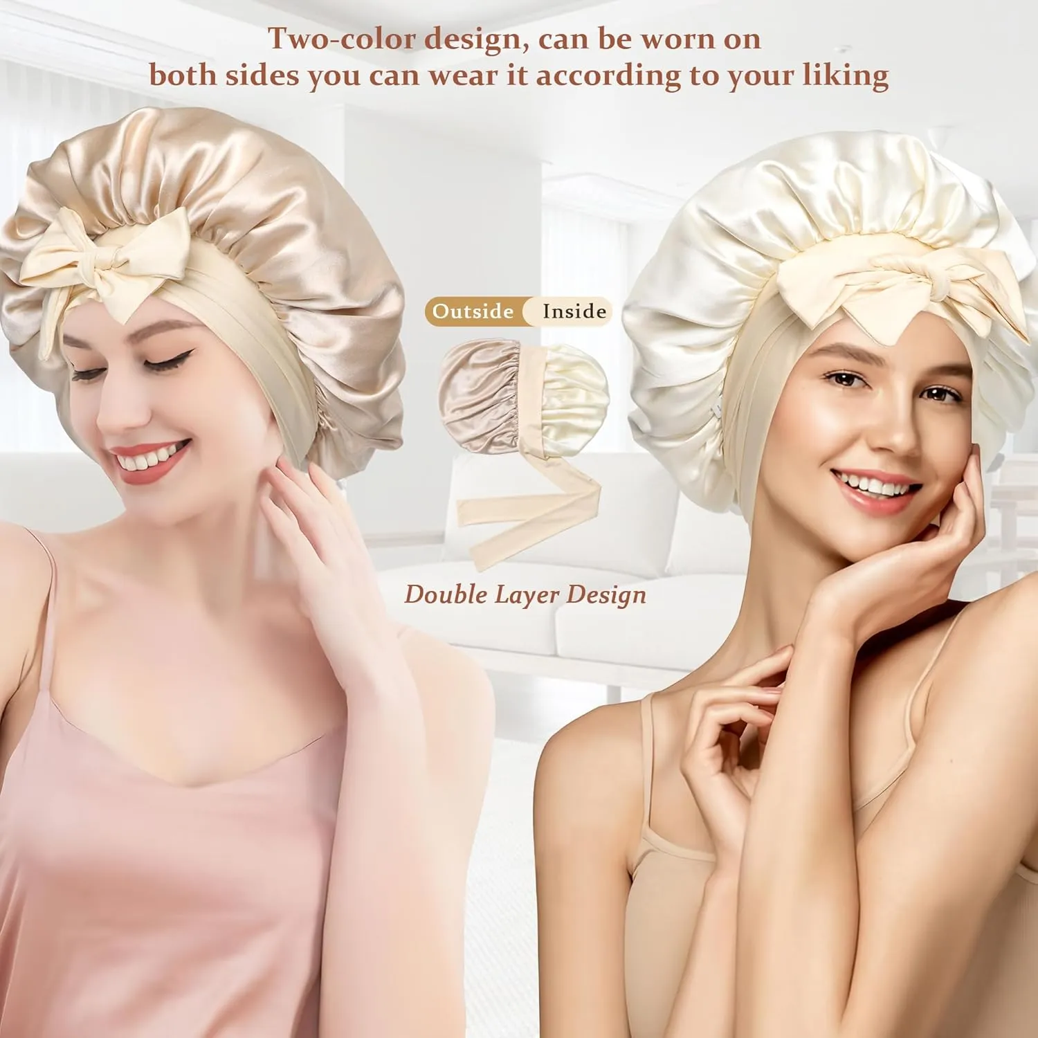 100% Mulberry Silk Bonnet for Sleeping Women Double Layer Silk Hair Bonnet Natural Silk Sleep Cap with Elastic Reversible Hair Wrap (Champagne Beige)