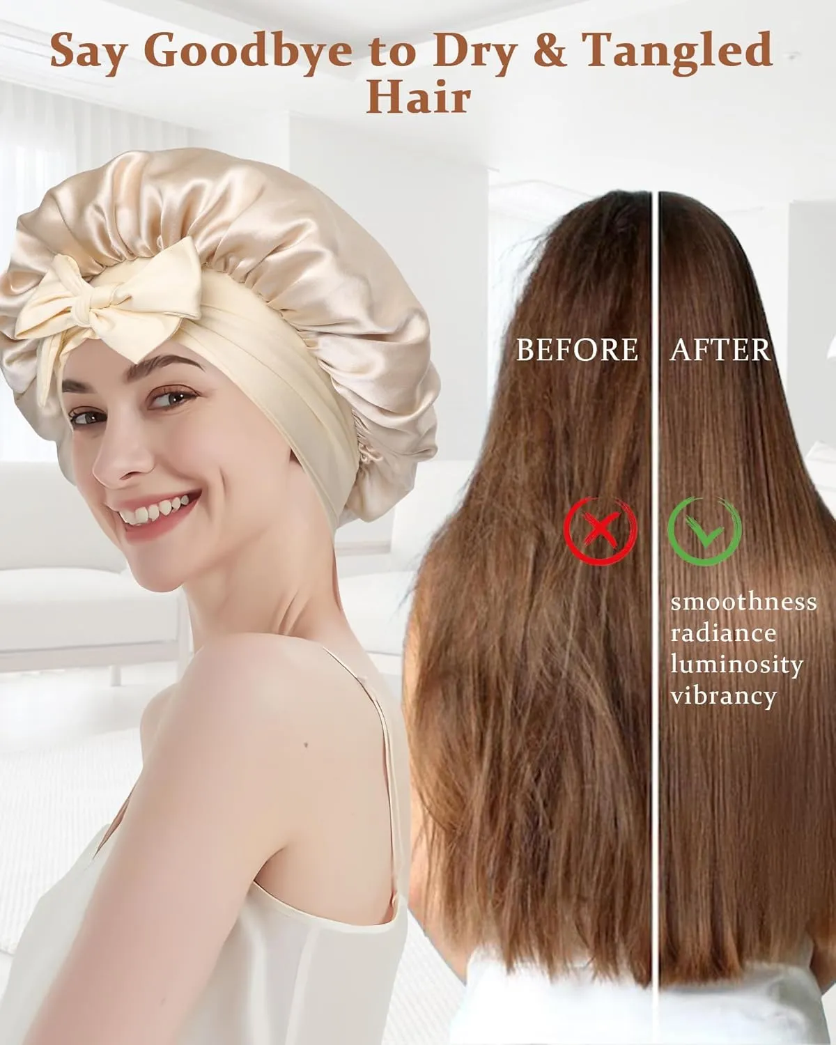 100% Mulberry Silk Bonnet for Sleeping Women Double Layer Silk Hair Bonnet Natural Silk Sleep Cap with Elastic Reversible Hair Wrap (Champagne Beige)