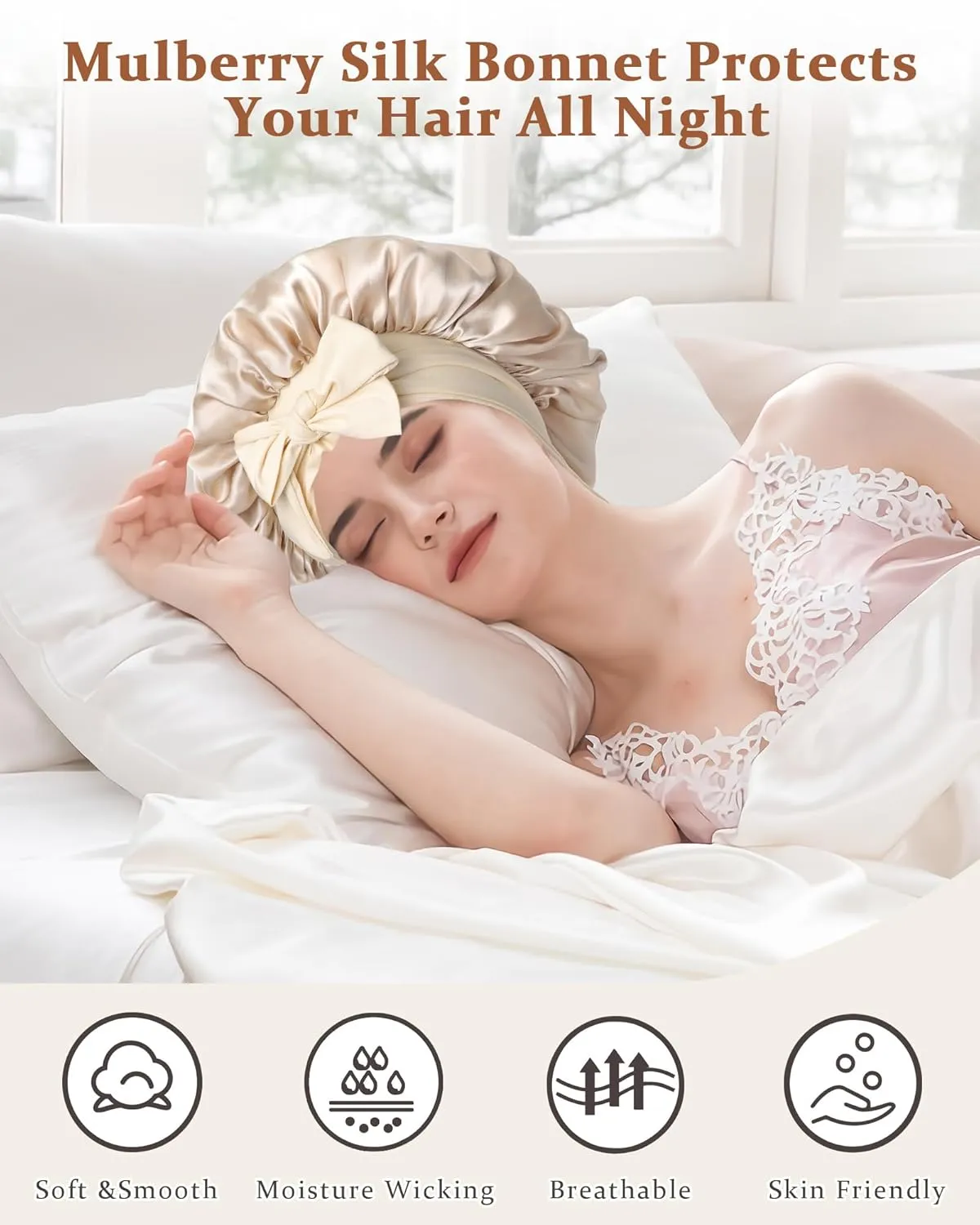 100% Mulberry Silk Bonnet for Sleeping Women Double Layer Silk Hair Bonnet Natural Silk Sleep Cap with Elastic Reversible Hair Wrap (Champagne Beige)