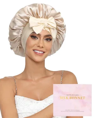 100% Mulberry Silk Bonnet for Sleeping Women Double Layer Silk Hair Bonnet Natural Silk Sleep Cap with Elastic Reversible Hair Wrap (Champagne Beige)