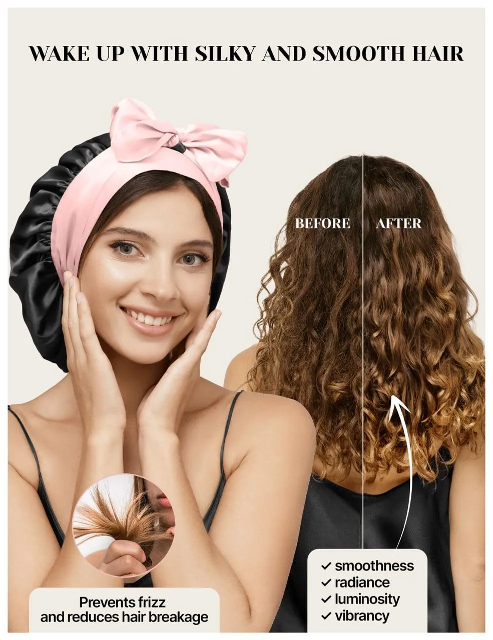 100% Mulberry Silk Bonnet for Sleeping Women with Curly Hair - Short Long Hair Bonnet for Sleeping - Alternative to Double Layer Satin Bonnet with Tie Band - Premium Wrap for Sleep Black