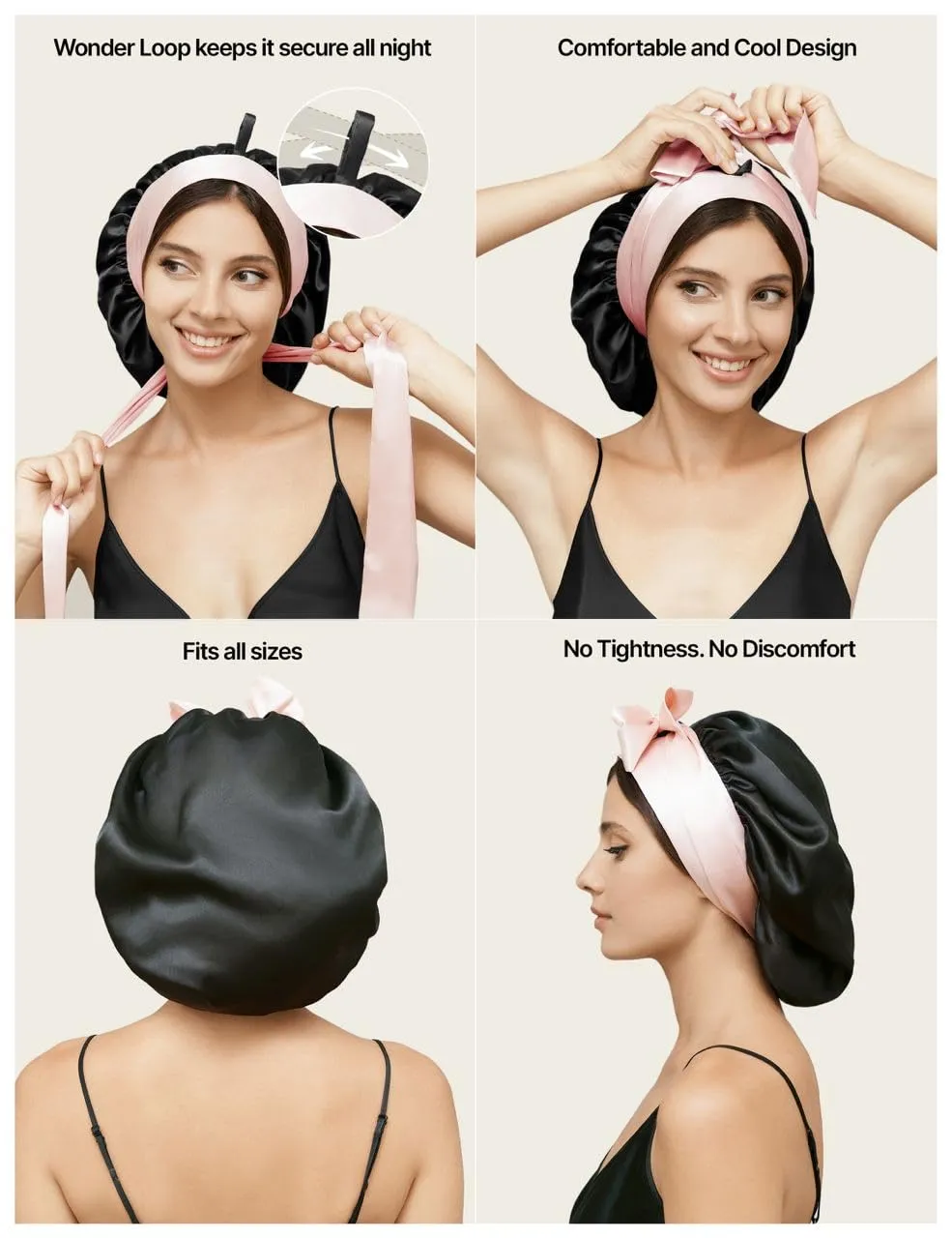 100% Mulberry Silk Bonnet for Sleeping Women with Curly Hair - Short Long Hair Bonnet for Sleeping - Alternative to Double Layer Satin Bonnet with Tie Band - Premium Wrap for Sleep Black
