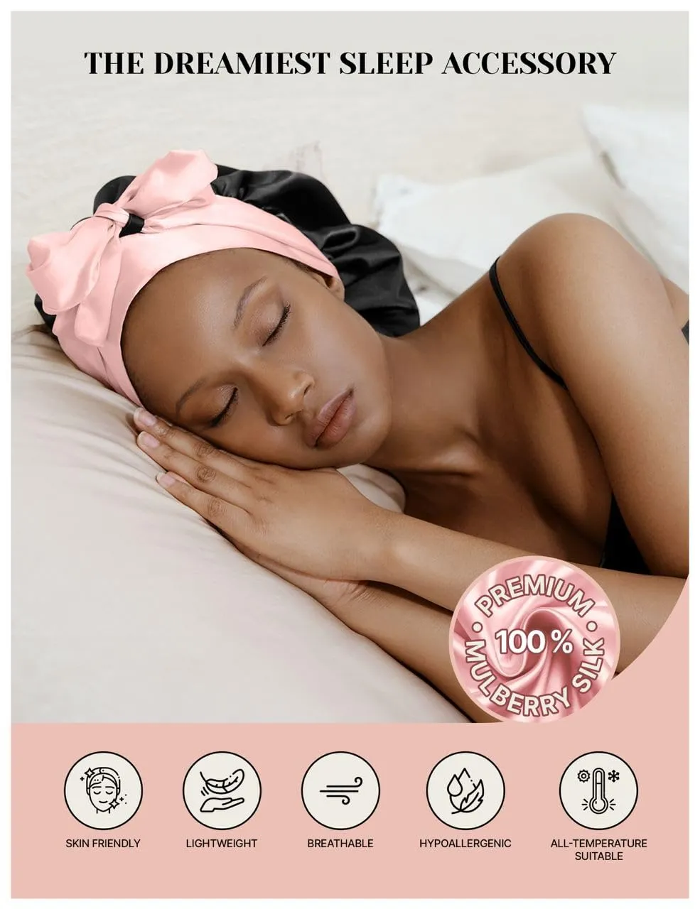 100% Mulberry Silk Bonnet for Sleeping Women with Curly Hair - Short Long Hair Bonnet for Sleeping - Alternative to Double Layer Satin Bonnet with Tie Band - Premium Wrap for Sleep Black