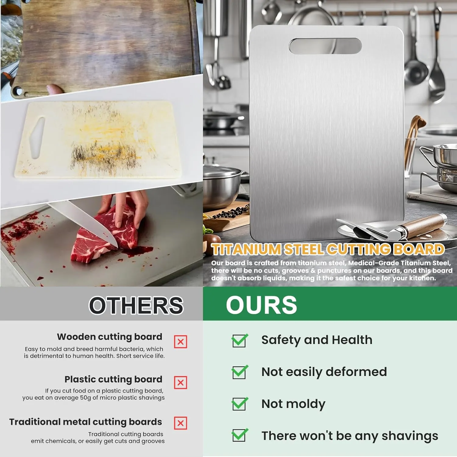 100% Pure Titanium Cutting Board - 13x9 Inch Non-Slip Kitchen Chopping Board, Dishwasher Safe, Scratch Resistant, Easy to Clean, Durable & Hygienic for Meat, Vegetables, and Fruits
