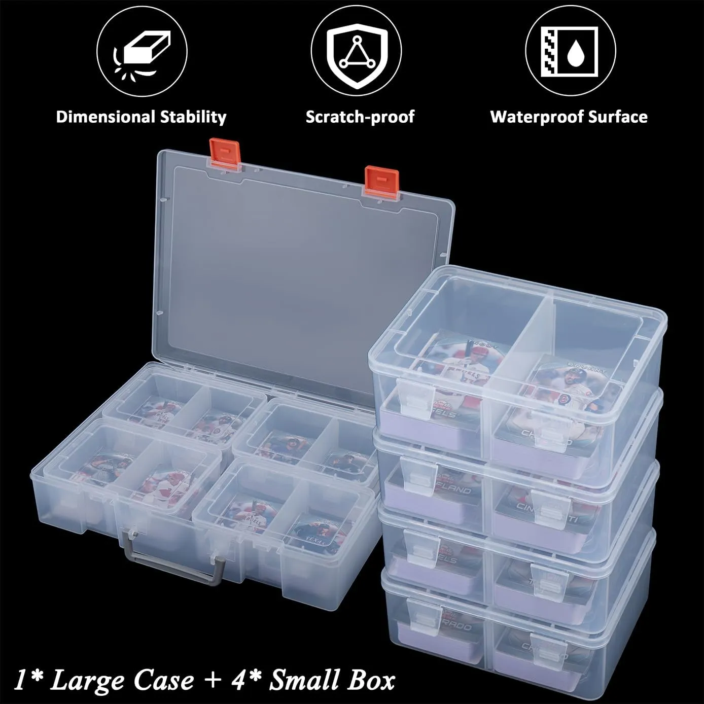 1000-1600 Card Storage Box, Clear Trading Card Holder Carrying Case 1 4 Card Deck Box for MTG, Yu-Gi-Oh Games Cards, Baseball Football NBA Sports Cards (L-14.3x10.6x2.92, S-6.5x4.96x2.4 inch)