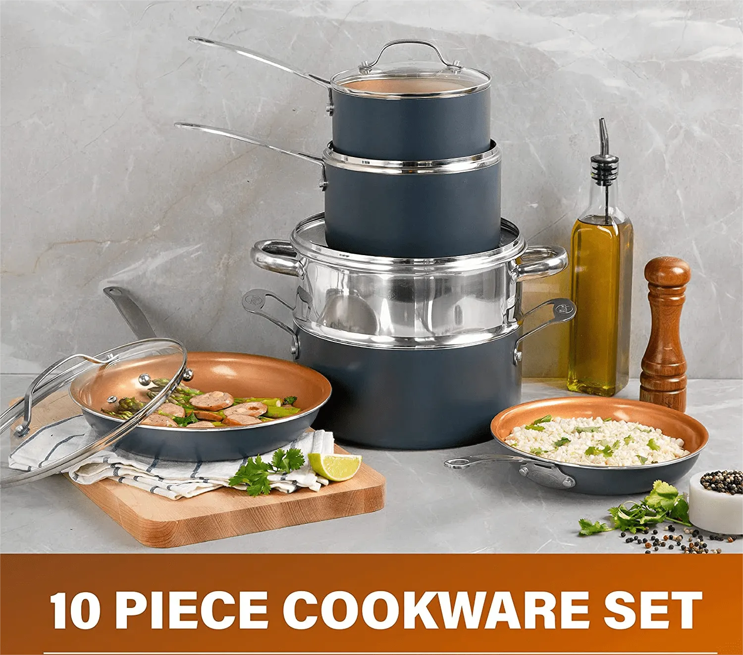 15 Piece Cookwear Set, Pots and Pans Set Nonstick Clearance,Includes Frying Pans, Stock Pots and Skillets for Kitchen,Black