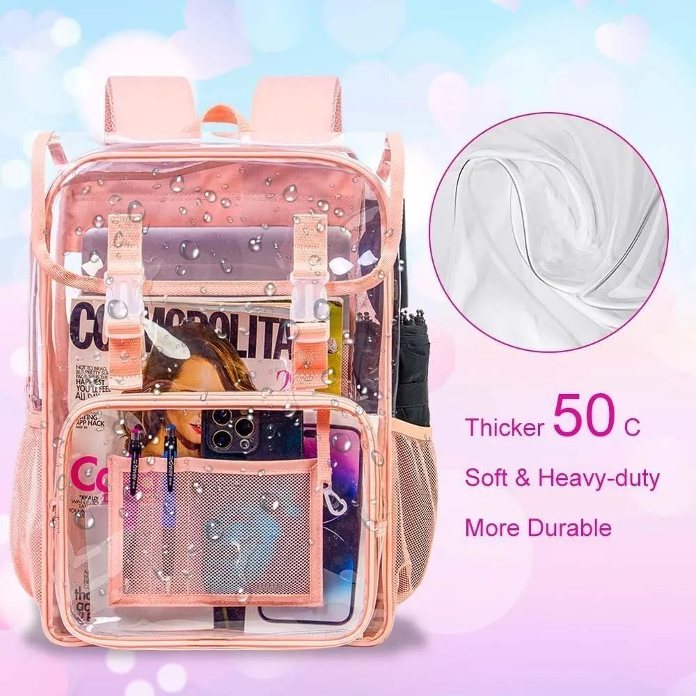 17" Flip Top Clear Backpack for Girls, 3Pcs Stadium Approved Set, Waterproof Transparent Bookbag for Campus/School (Pink)