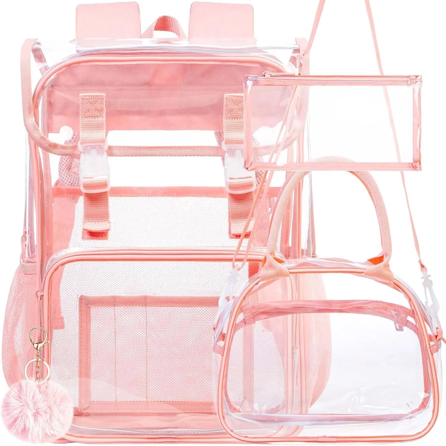 17" Flip Top Clear Backpack for Girls, 3Pcs Stadium Approved Set, Waterproof Transparent Bookbag for Campus/School (Pink)