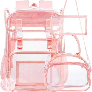17" Flip Top Clear Backpack for Girls, 3Pcs Stadium Approved Set, Waterproof Transparent Bookbag for Campus/School (Pink)