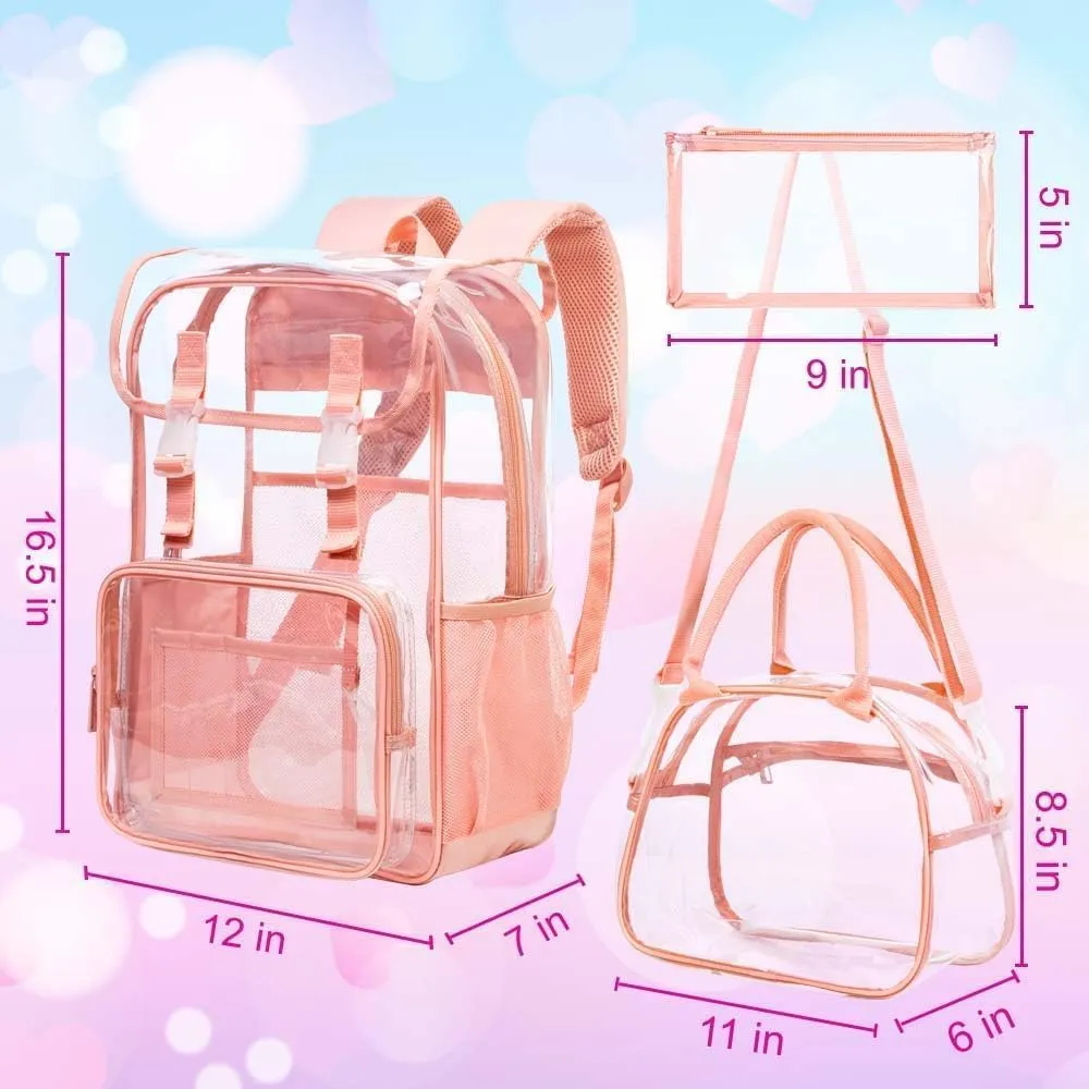 17" Flip Top Clear Backpack for Girls, 3Pcs Stadium Approved Set, Waterproof Transparent Bookbag for Campus/School (Pink)