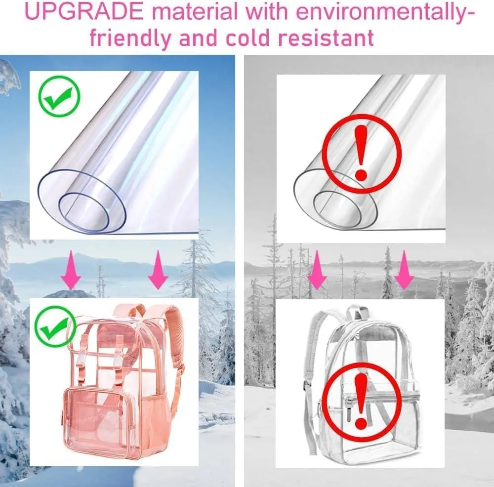 17" Flip Top Clear Backpack for Girls, 3Pcs Stadium Approved Set, Waterproof Transparent Bookbag for Campus/School (Pink)