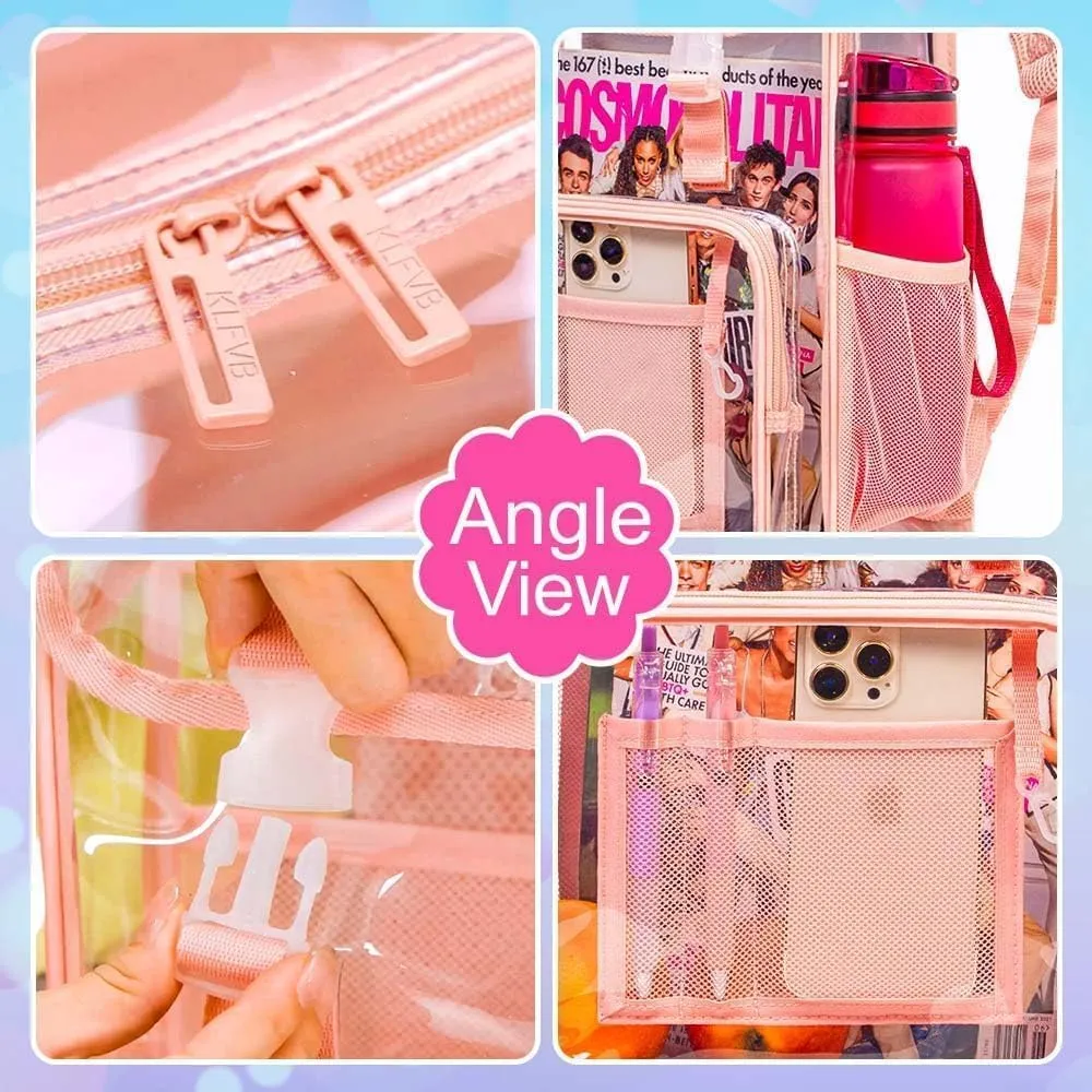 17" Flip Top Clear Backpack for Girls, 3Pcs Stadium Approved Set, Waterproof Transparent Bookbag for Campus/School (Pink)