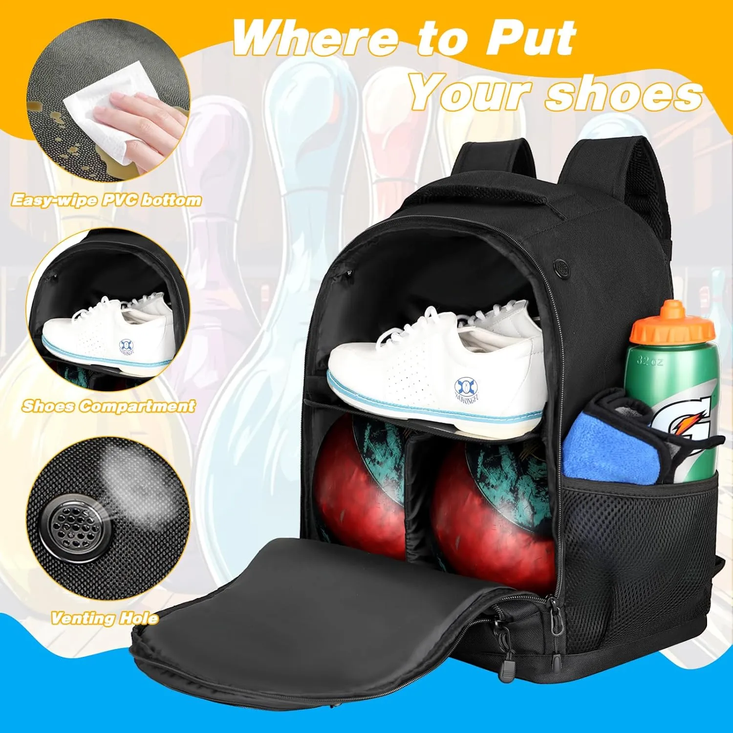 2 Ball Bowling Backpack,Bowling Ball Bag with Shoe Compartment & Portective Foam Padded, Fits Shoes Up to US Size 16