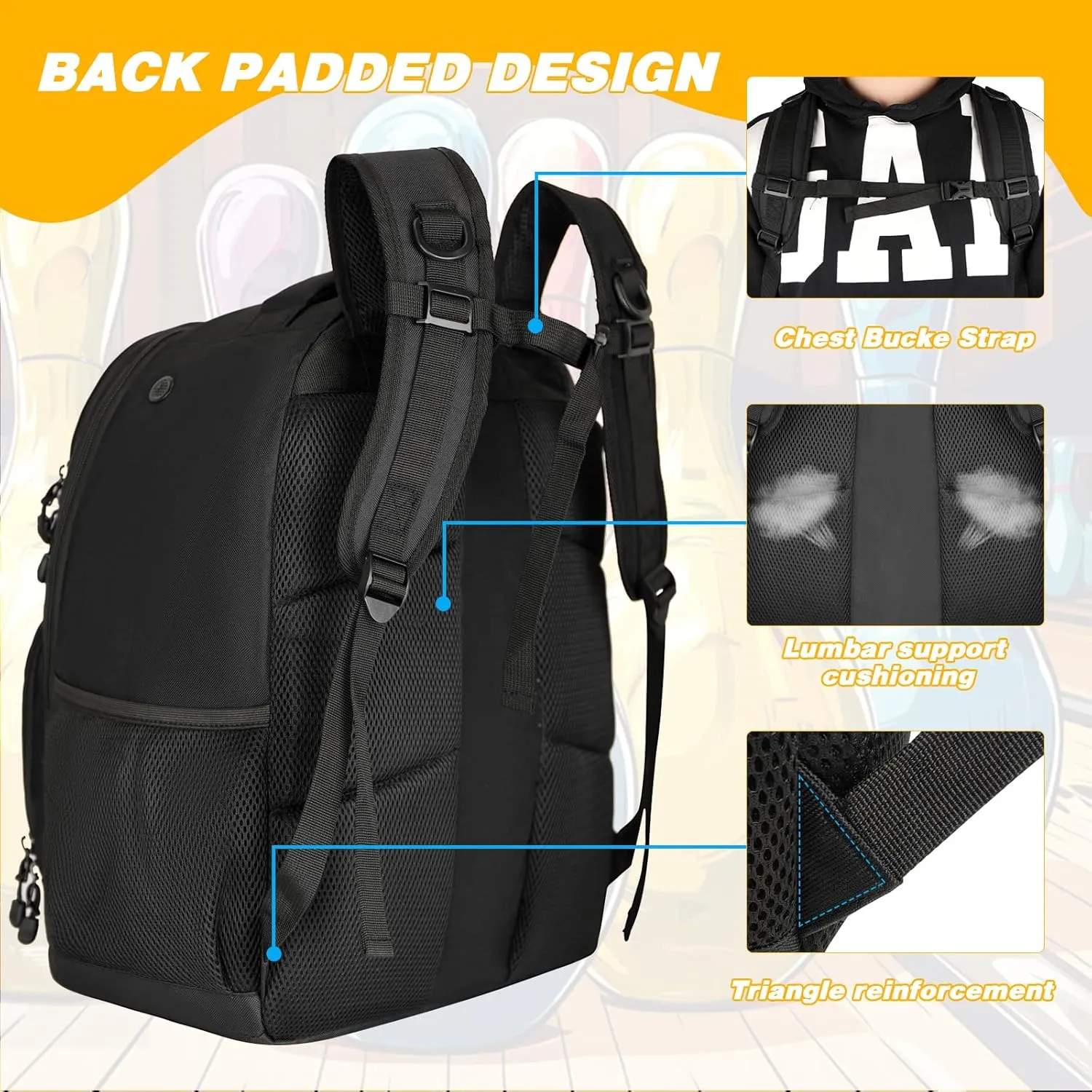 2 Ball Bowling Backpack,Bowling Ball Bag with Shoe Compartment & Portective Foam Padded, Fits Shoes Up to US Size 16