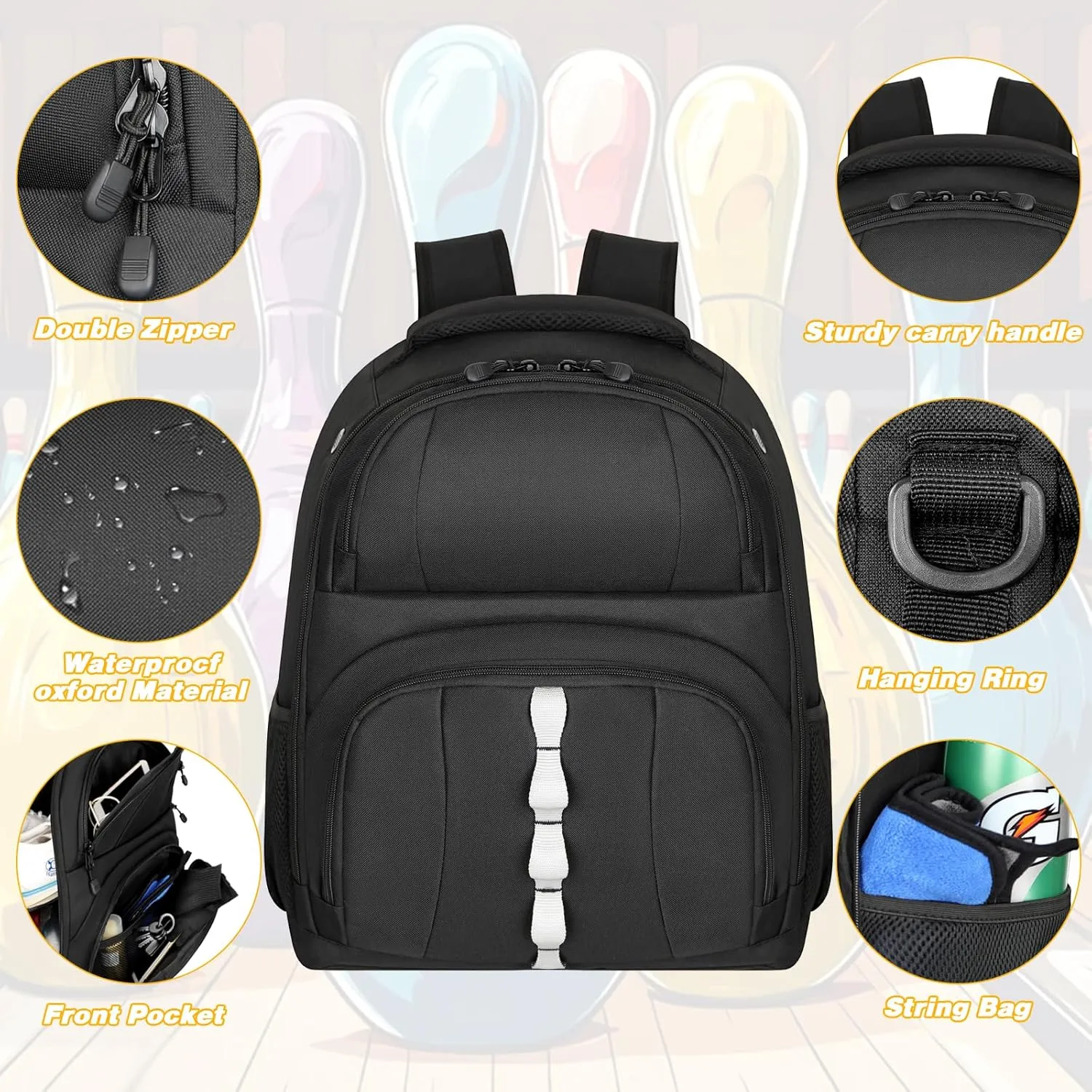 2 Ball Bowling Backpack,Bowling Ball Bag with Shoe Compartment & Portective Foam Padded, Fits Shoes Up to US Size 16