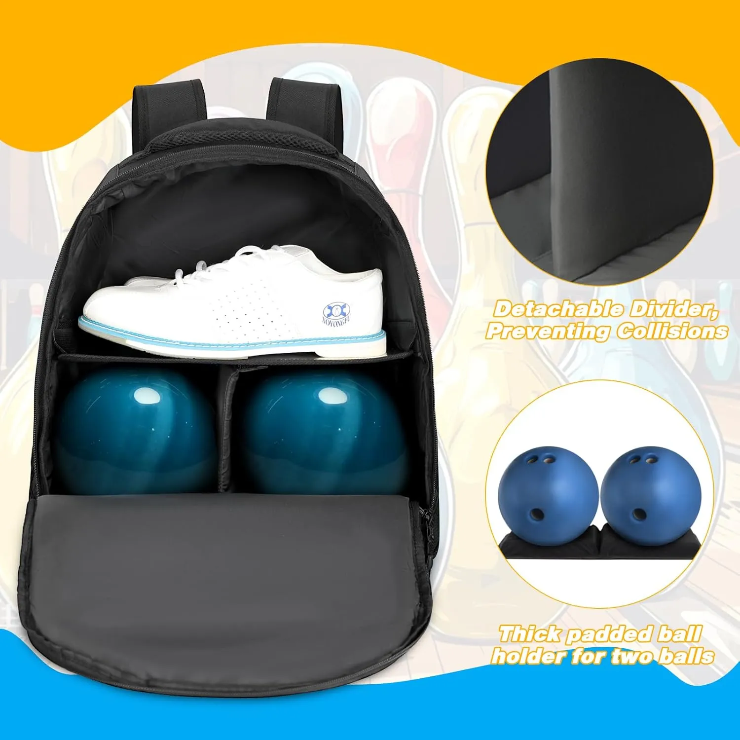 2 Ball Bowling Backpack,Bowling Ball Bag with Shoe Compartment & Portective Foam Padded, Fits Shoes Up to US Size 16