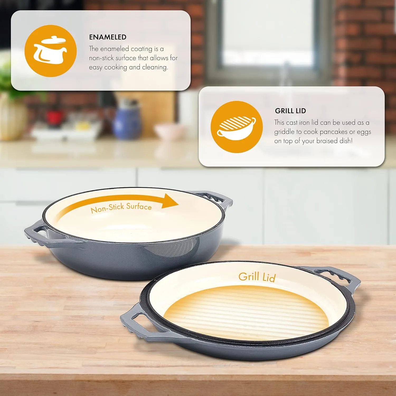 2-in-1 Enameled Cast Iron Cocotte Double Braiser Pan with Grill Lid 3.3 Quarts - Barbecue Grill Non Stick Frying Pan - Casserole Cookware Wide Handle (Grey)