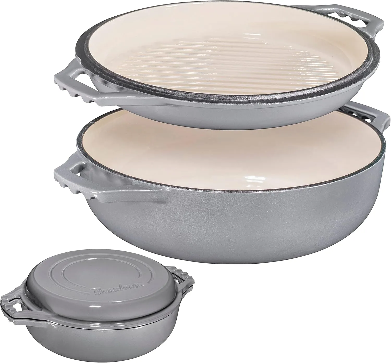 2-in-1 Enameled Cast Iron Cocotte Double Braiser Pan with Grill Lid 3.3 Quarts - Barbecue Grill Non Stick Frying Pan - Casserole Cookware Wide Handle (Grey)