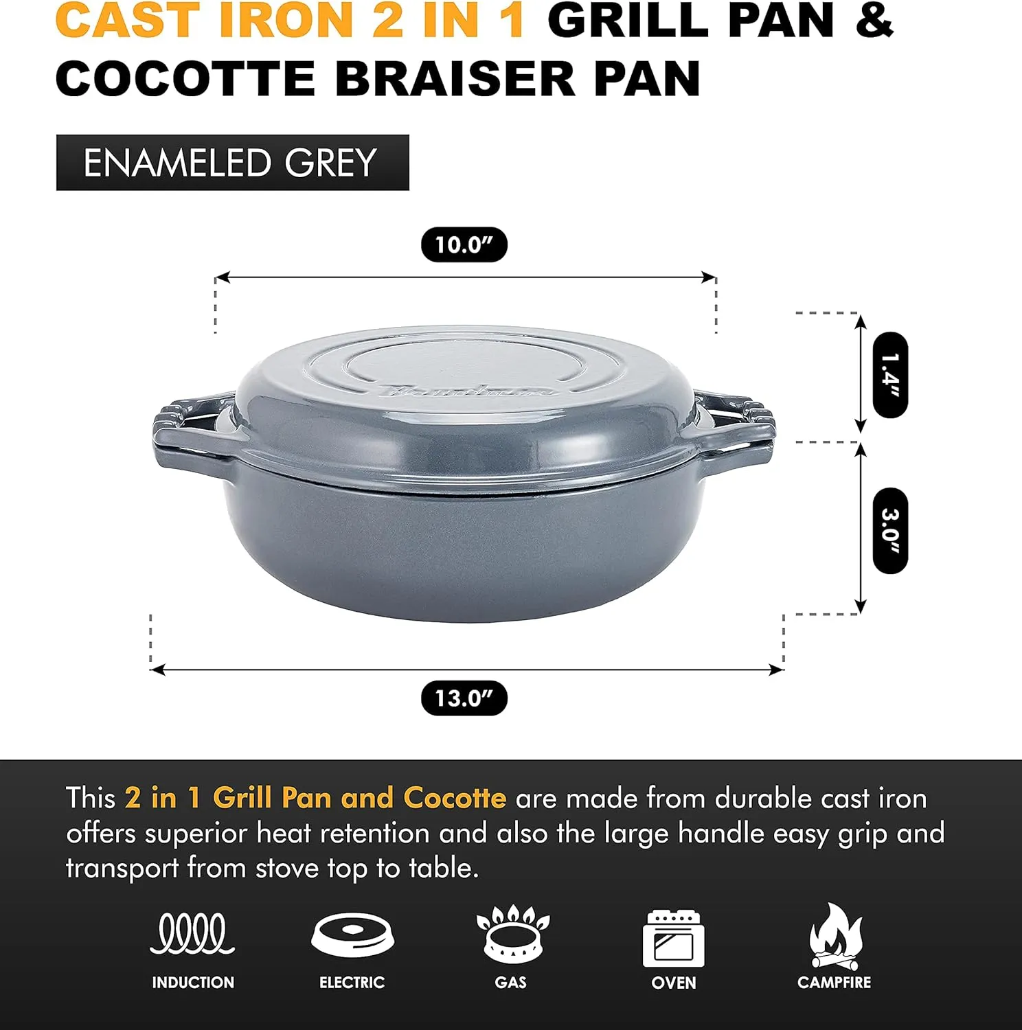 2-in-1 Enameled Cast Iron Cocotte Double Braiser Pan with Grill Lid 3.3 Quarts - Barbecue Grill Non Stick Frying Pan - Casserole Cookware Wide Handle (Grey)