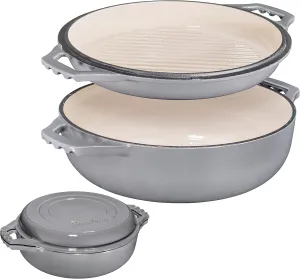 2-in-1 Enameled Cast Iron Cocotte Double Braiser Pan with Grill Lid 3.3 Quarts - Barbecue Grill Non Stick Frying Pan - Casserole Cookware Wide Handle (Grey)