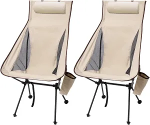 2 Pack Portable High Back Camping Chair, Lightweight Folding Camping Chair with Head Support, Supports 330 LBS, Compact Folding Chair for Travel, Beach, Picnic, Festival, Hiking,Beige