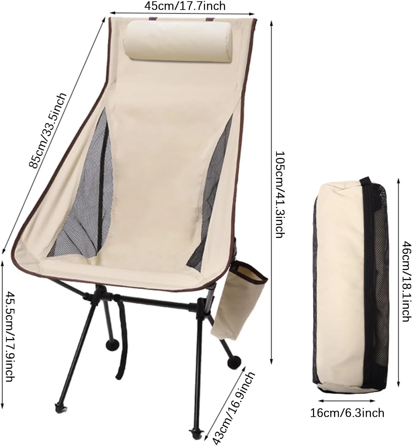 2 Pack Portable High Back Camping Chair, Lightweight Folding Camping Chair with Head Support, Supports 330 LBS, Compact Folding Chair for Travel, Beach, Picnic, Festival, Hiking,Beige