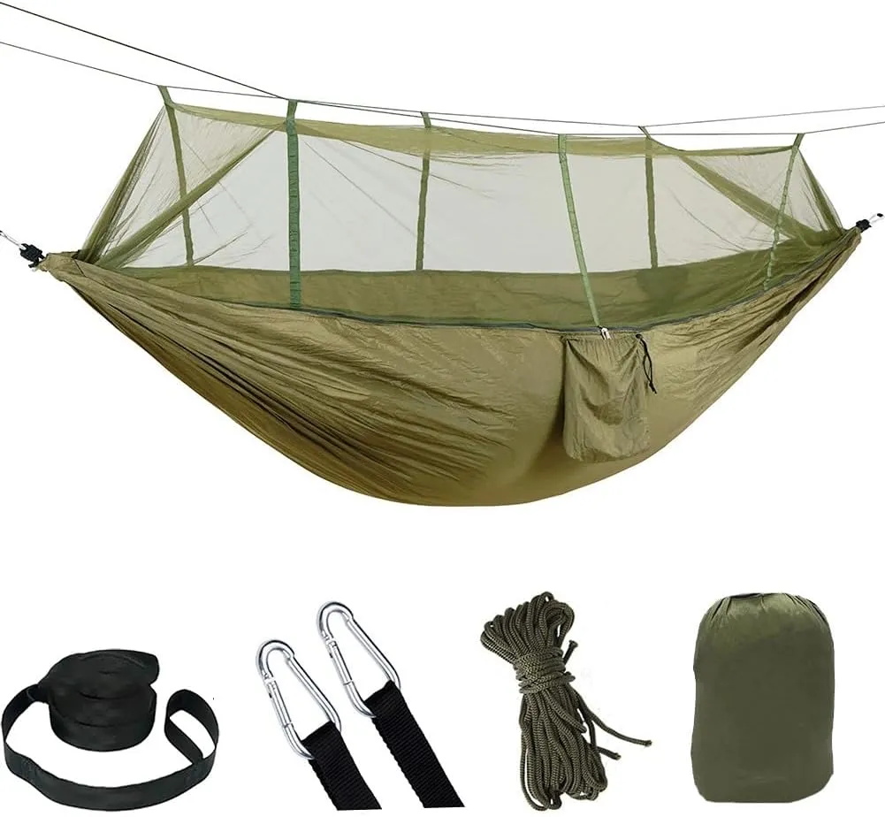 2 Person Camping Hammock with Mosquito Net Outdoor Strength Parachute Fabric Sleep Swing Portable Hanging Bed for Garden (Army Green)
