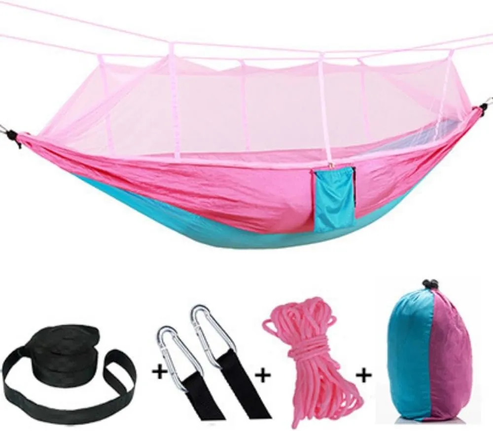 2 Person Camping Hammock with Mosquito Net Outdoor Strength Parachute Fabric Sleep Swing Portable Hanging Bed for Garden (Pink/Blue)
