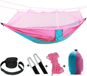 2 Person Camping Hammock with Mosquito Net Outdoor Strength Parachute Fabric Sleep Swing Portable Hanging Bed for Garden (Pink/Blue)