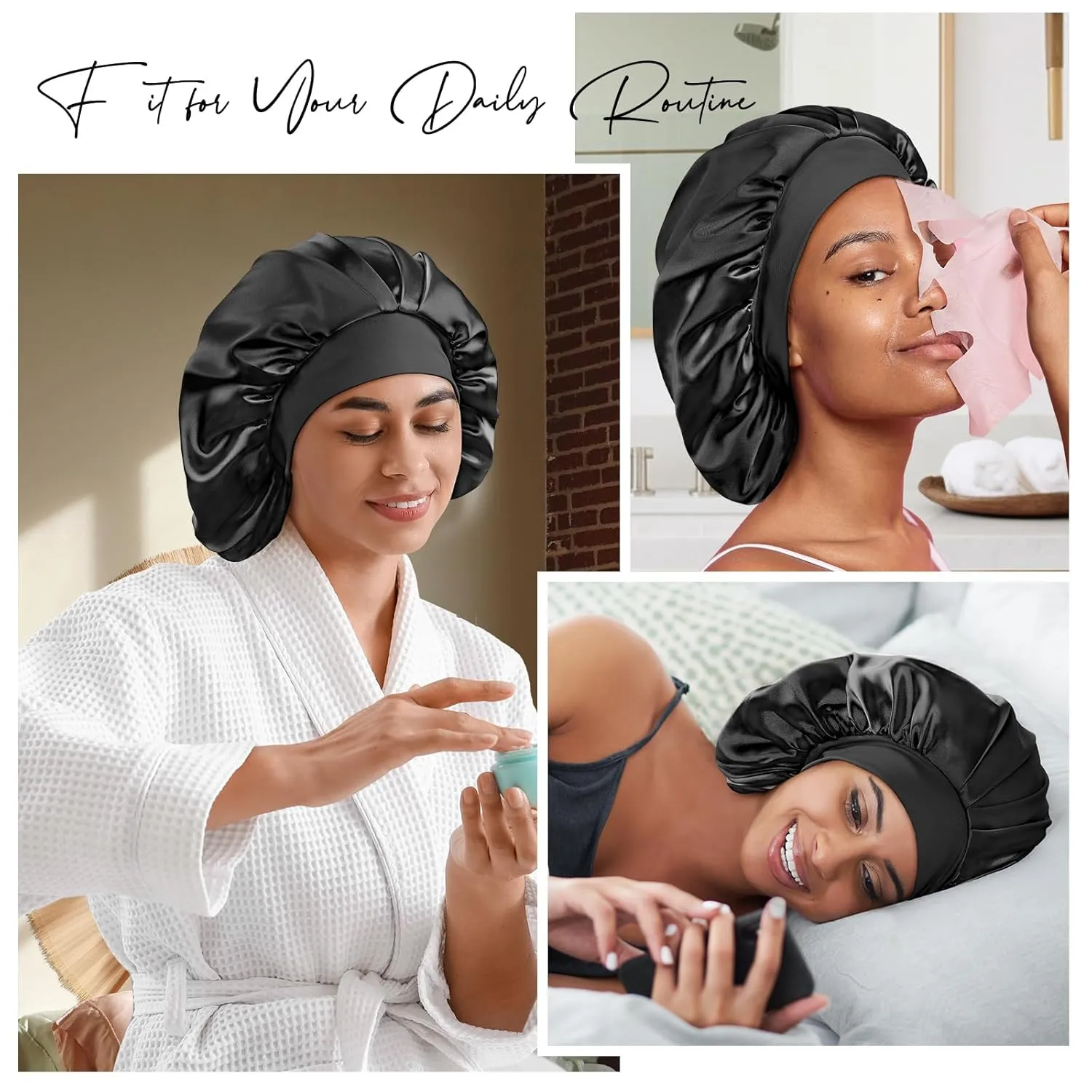 22 Momme 100% Real Mulberry Silk Bonnet for Sleeping Women, Large Hair Care Bonnet for Long Curly Hair, Double Layer Silk Hair Wrap with Soft Elastic Band, Non-Slip Sleep Cap, Black