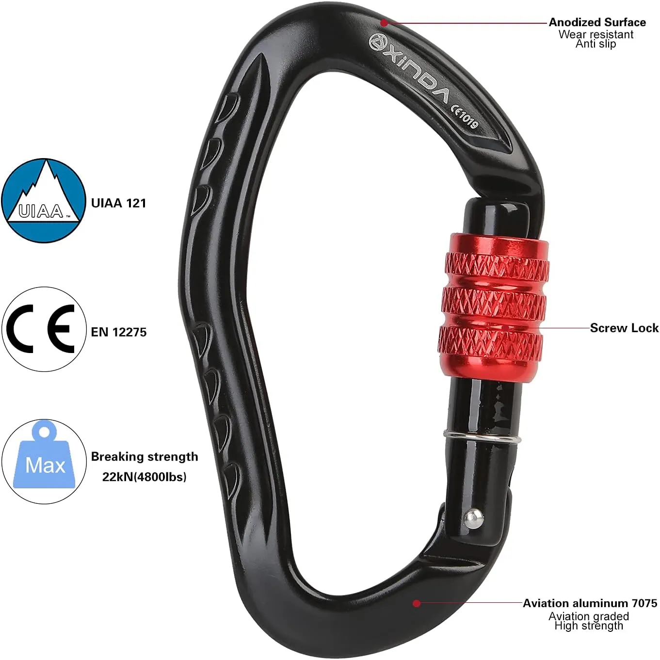 22KN Screw Locking Carabiner Clip - Offset D Shaped Climbing Carabiner CE UIAA Certified, Heavy Duty Aluminium Carabiner for Rock Climbing,Rappelling,Hammock,Hiking,Camping,Arborist Gear
