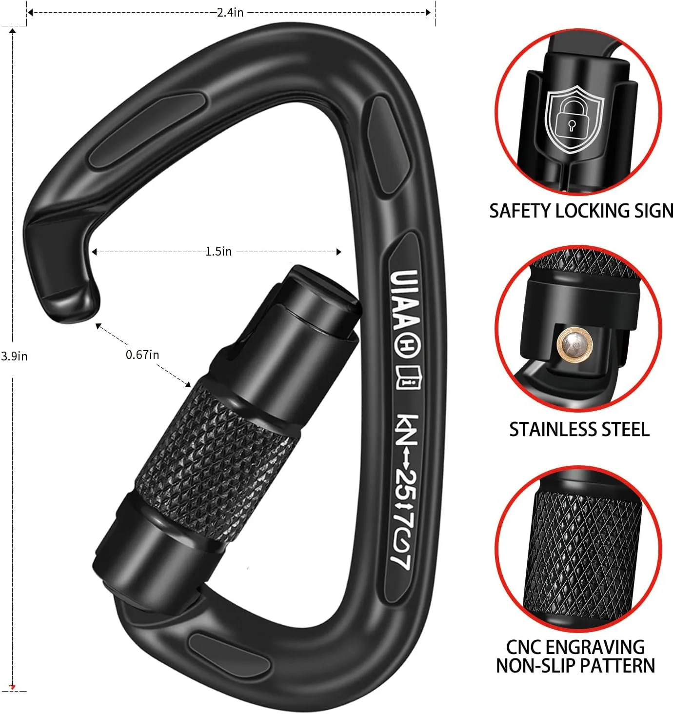 25KN Auto Locking Carabiner - UIAA Certified Heavy Duty Climbing Carabiners for Rock Climbing, Camping, Rappelling, Hunting, Rescue Equipment - Professional Carabiner Clips (Black)