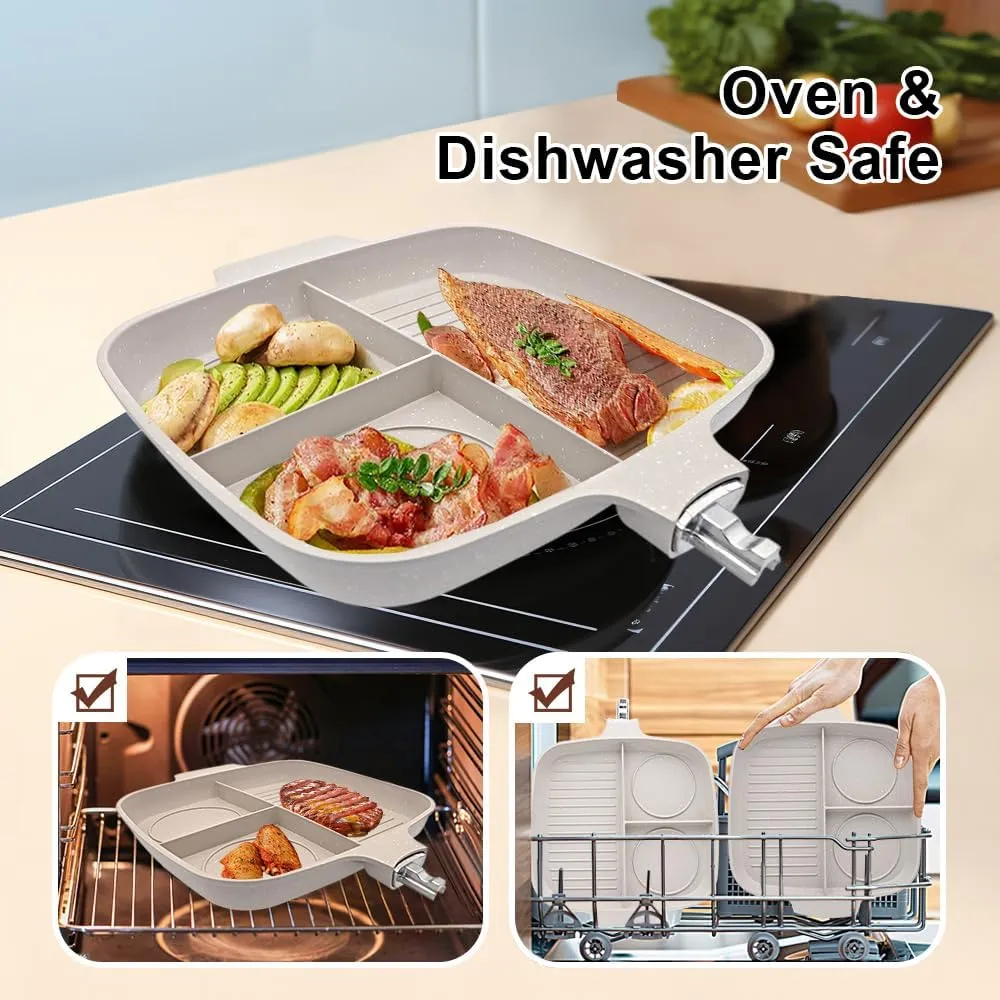 3 in 1 Grill Pan for Stove Tops with Detachable Handle, Nonstick Versatile Griddle Divided Pan, Square Skillet PFOA Free, White