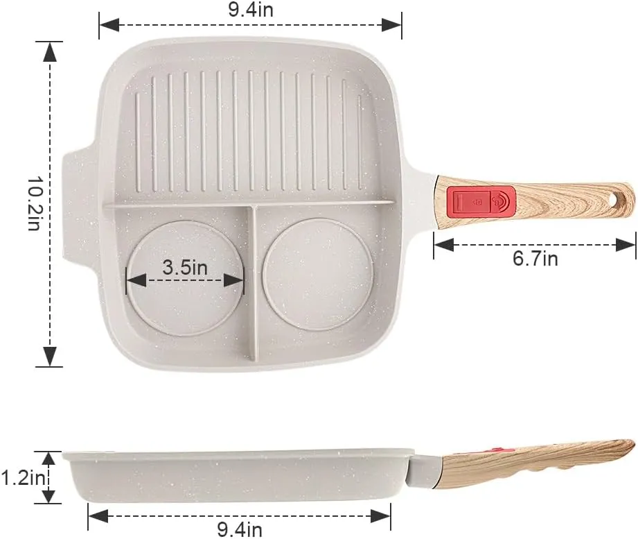3 in 1 Grill Pan for Stove Tops with Detachable Handle, Nonstick Versatile Griddle Divided Pan, Square Skillet PFOA Free, White