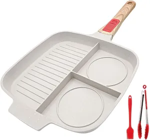 3 in 1 Grill Pan for Stove Tops with Detachable Handle, Nonstick Versatile Griddle Divided Pan, Square Skillet PFOA Free, White