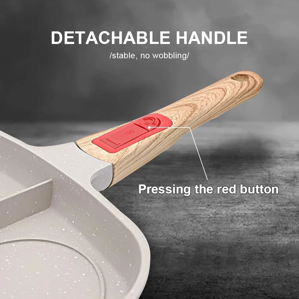 3 in 1 Grill Pan for Stove Tops with Detachable Handle, Nonstick Versatile Griddle Divided Pan, Square Skillet PFOA Free, White