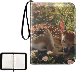 4 Pockets Trading Card Album Holder Book Folder Sports Card Binder Sleeping Deer 400 Double Side Pockets for 3 Ring Binder Zipper