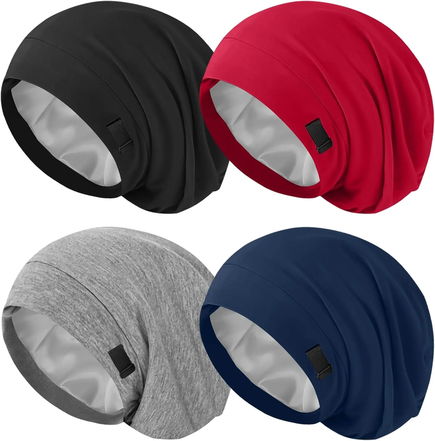 4Pcs Silk Satin Lined Sleep Cap Bonnets for Women Men, Adjustable Satin Bonnet for Sleeping Hair Wrap Slouchy Beanie Hat for Curly Hair and Braids Black