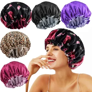 5pcs Satin Silk Hair Bonnet for Sleeping Women, Sleep Bonnets for Women, Silky Double Layer Adjustable Sleep Cap for Curly Hair Braids