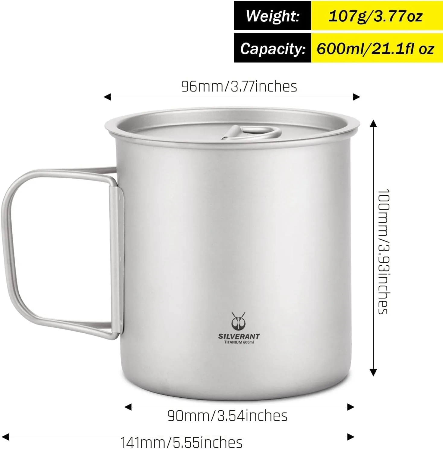 600ml Titanium Cup Mug with Lid Backpacking Pot with Foldable Handle for Outdoor Camping Hiking Backpacking