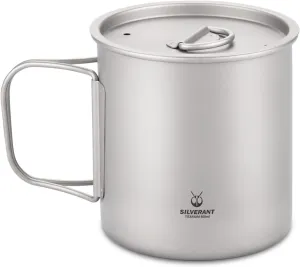 600ml Titanium Cup Mug with Lid Backpacking Pot with Foldable Handle for Outdoor Camping Hiking Backpacking