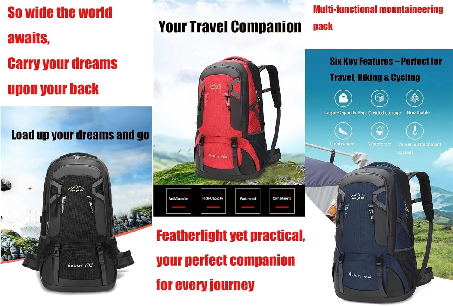 60L Hiking Backpack,Camping Backpack Lightweight Travel Daypack Waterproof Backpacking Bag for Men Women (Green)