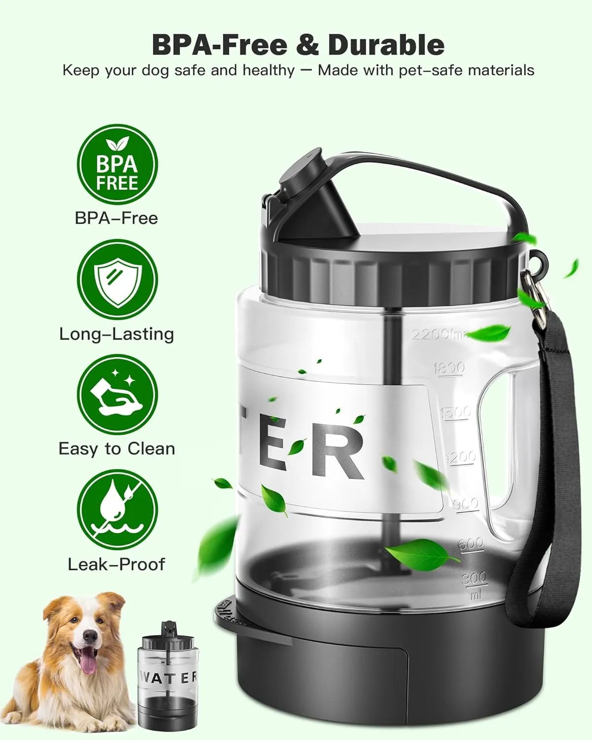 77oz Large Dog Water Bottle, Portable Dog Travel Water Dispenser with Pull-Out Bowl, Ideal for Hiking, Camping, Dog Parks, Leak-Proof BPA-Free Outdoor Dog Water Bottle for Large Dogs,Black