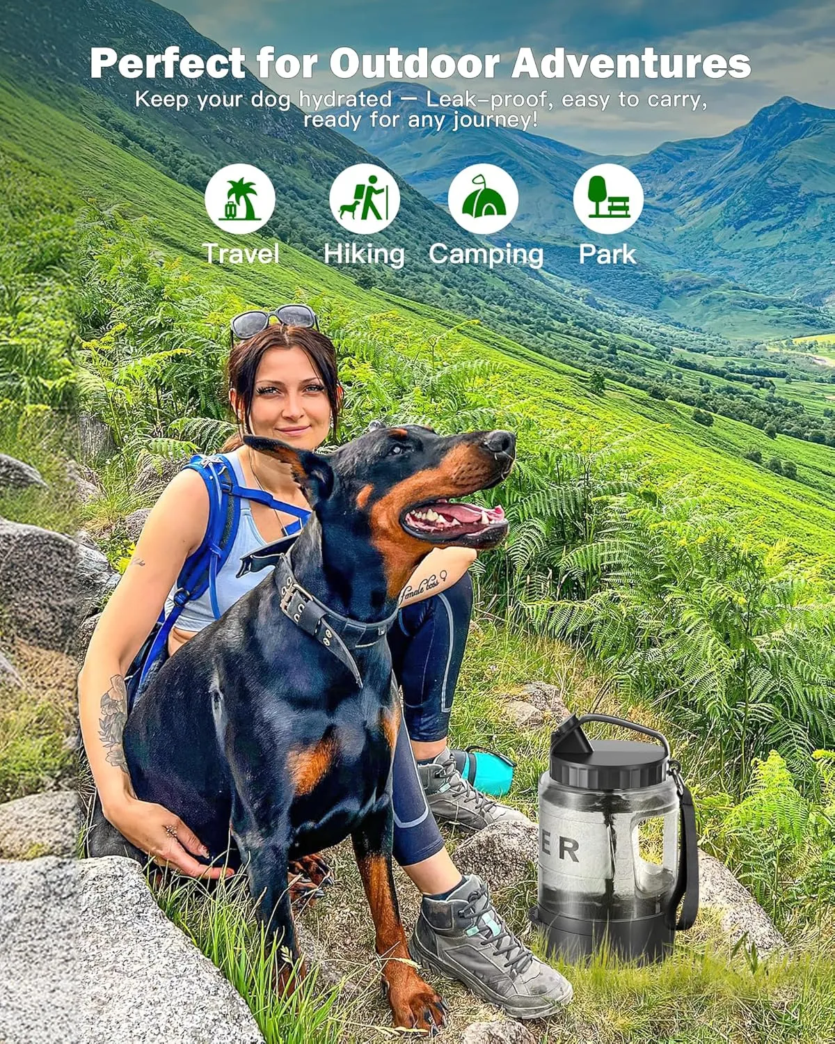 77oz Large Dog Water Bottle, Portable Dog Travel Water Dispenser with Pull-Out Bowl, Ideal for Hiking, Camping, Dog Parks, Leak-Proof BPA-Free Outdoor Dog Water Bottle for Large Dogs,Black