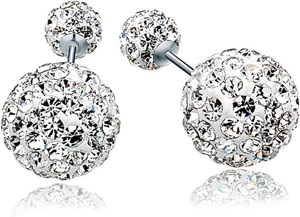 925 Sterling Silver Austria Crystal Pave Disco Ball Studs Earrings for Women (Double Sided stud)